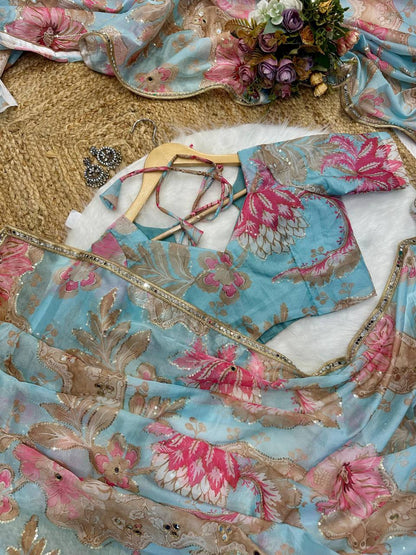 Sea Blue Tebby Silk Digital Printed Saree with Embroidery & Designer Blouse