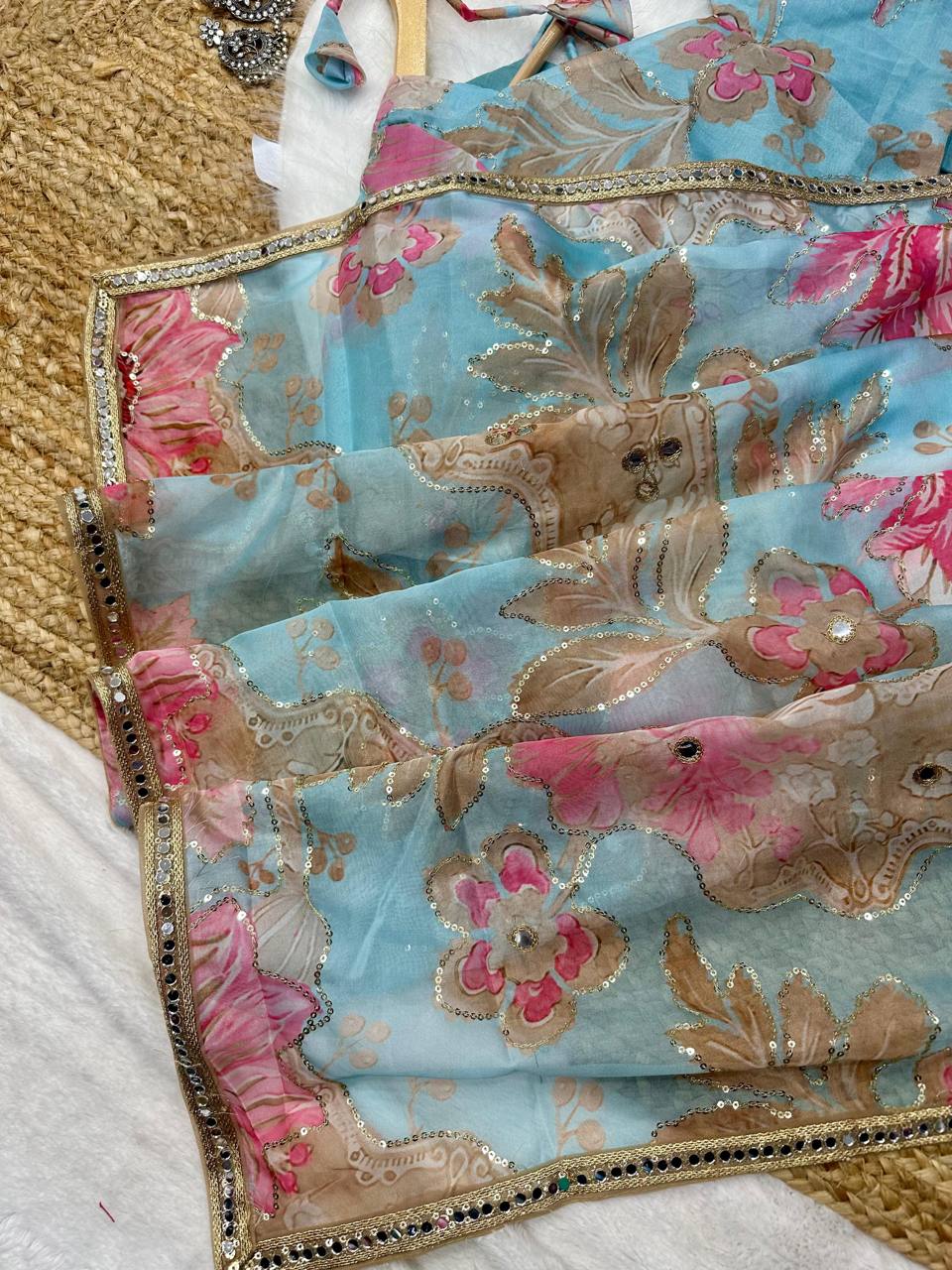 Sea Blue Tebby Silk Digital Printed Saree with Embroidery & Designer Blouse