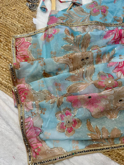 Sea Blue Tebby Silk Digital Printed Saree with Embroidery & Designer Blouse