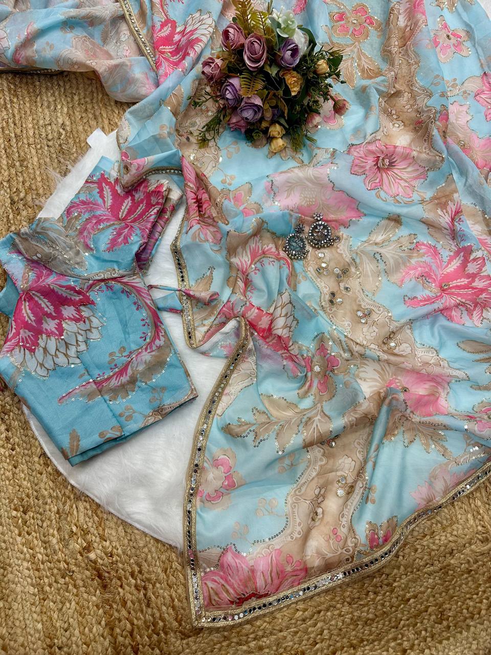 Sea Blue Tebby Silk Digital Printed Saree with Embroidery & Designer Blouse