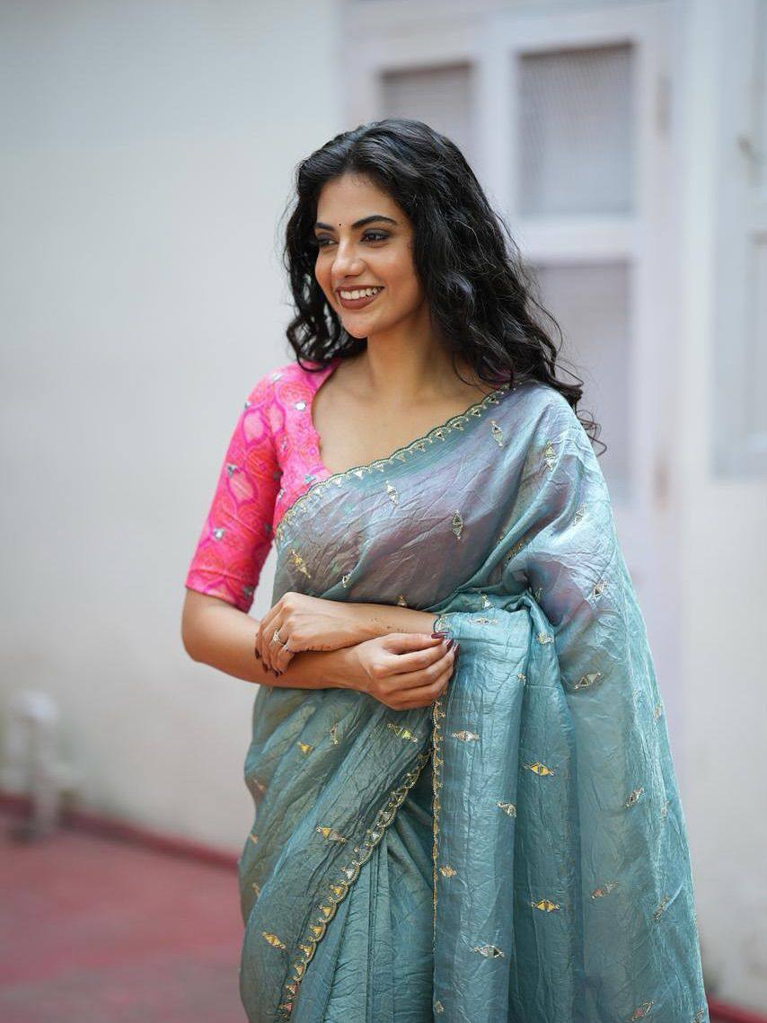 Sea Blue Tissue Crush Saree with Designer Mirror Work Blouse