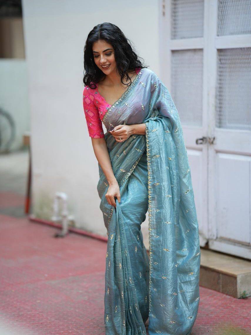 Sea Blue Tissue Crush Saree with Designer Mirror Work Blouse