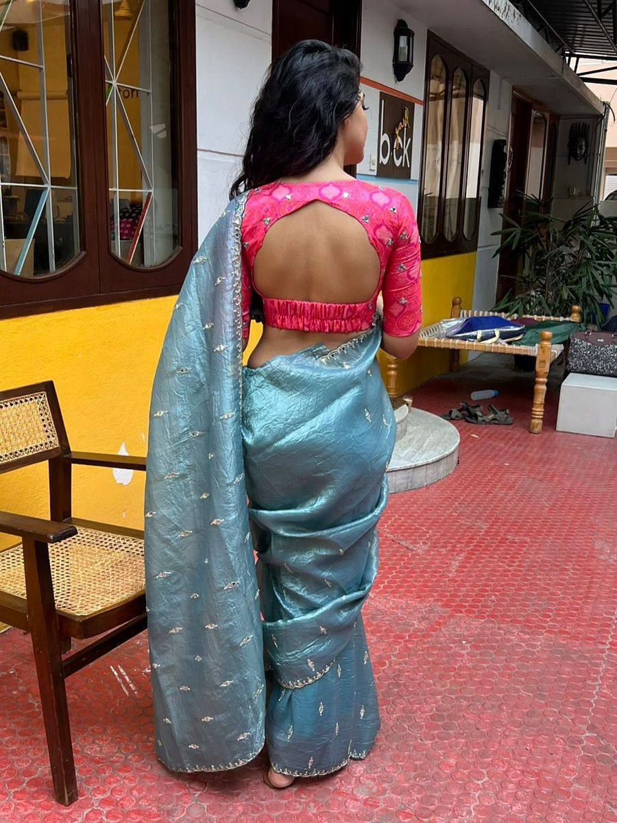 Sea Blue Tissue Crush Saree with Designer Mirror Work Blouse