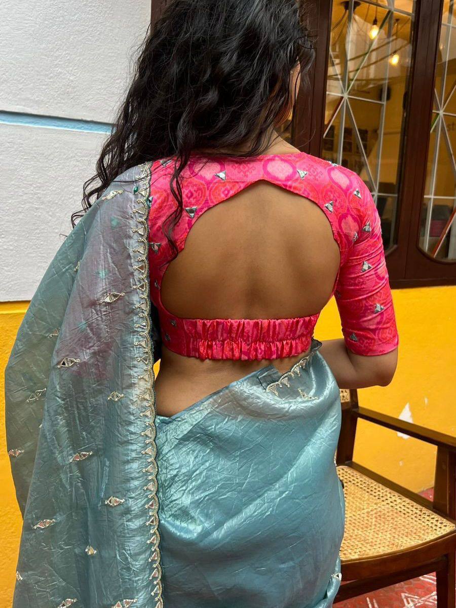 Sea Blue Tissue Crush Saree with Designer Mirror Work Blouse