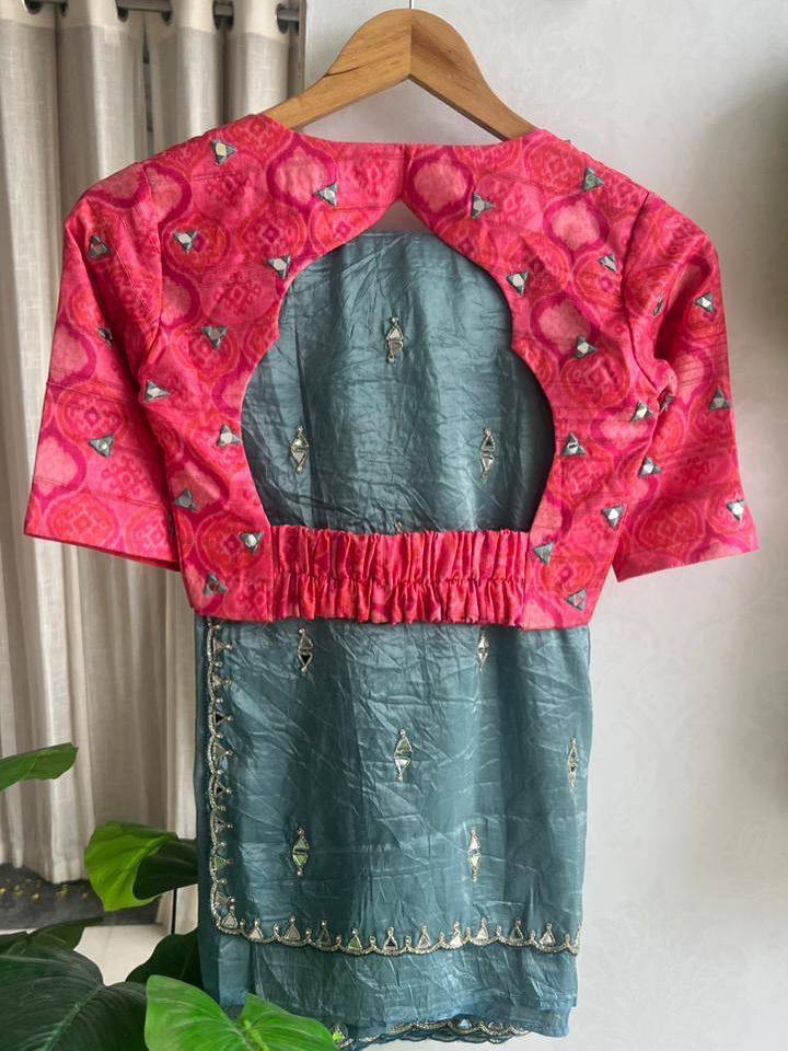 Sea Blue Tissue Crush Saree with Designer Mirror Work Blouse