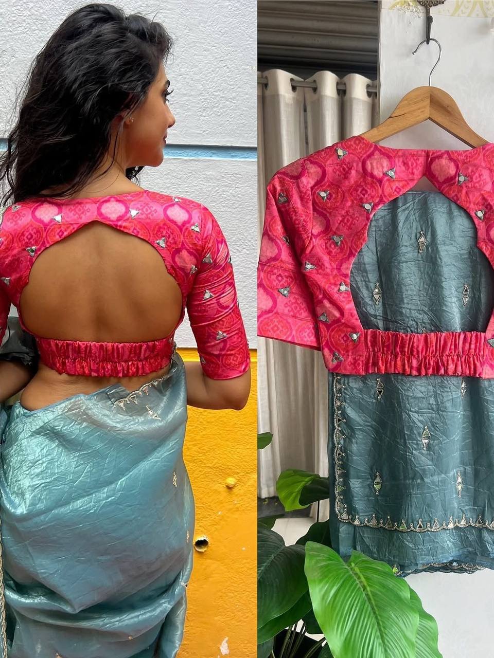 Sea Blue Tissue Crush Saree with Designer Mirror Work Blouse