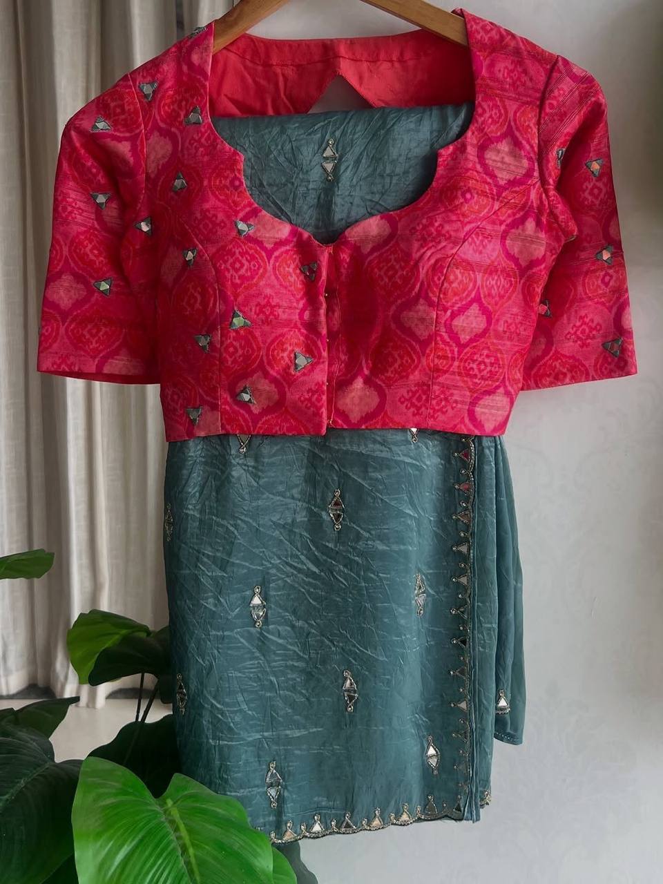 Sea Blue Tissue Crush Saree with Designer Mirror Work Blouse