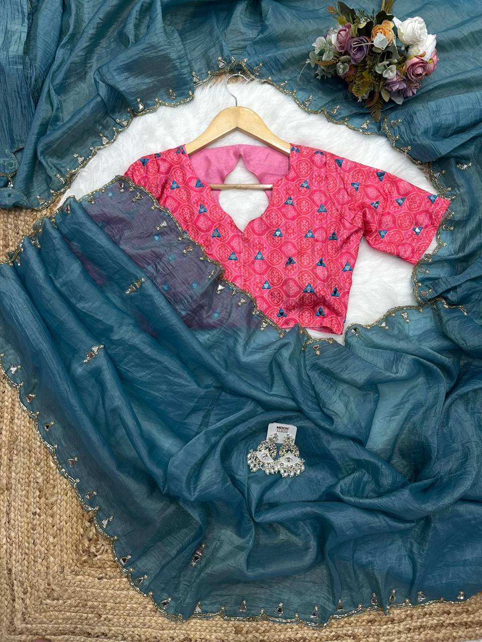 Sea Blue Tissue Crush Saree with Designer Mirror Work Blouse