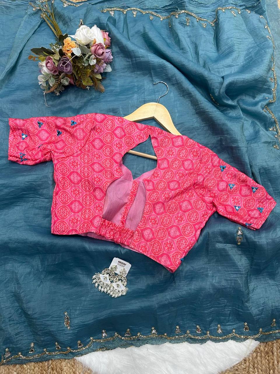 Sea Blue Tissue Crush Saree with Designer Mirror Work Blouse