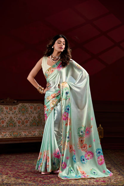Sea Green Satin Silk Floral Printed Saree with Pearl Lace Border Blouse