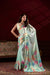 Sea Green Satin Silk Floral Printed Saree with Pearl Lace Border Blouse