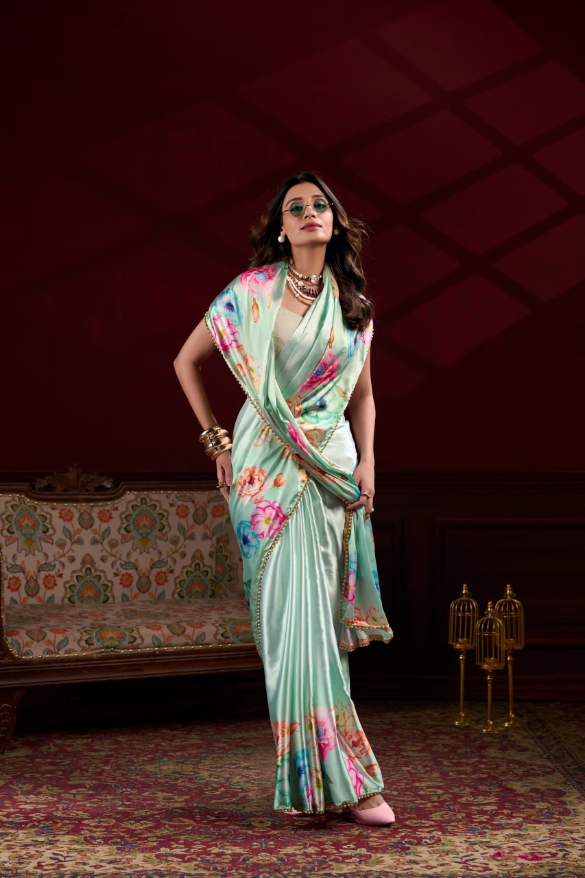 Sea Green Satin Silk Floral Printed Saree with Pearl Lace Border Blouse