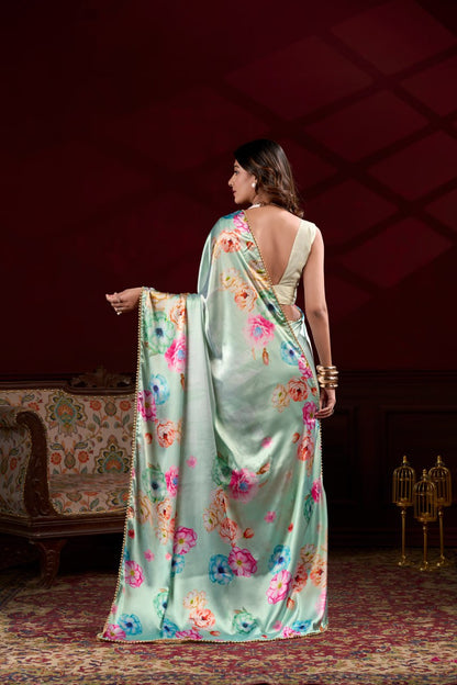 Sea Green Satin Silk Floral Printed Saree with Pearl Lace Border Blouse
