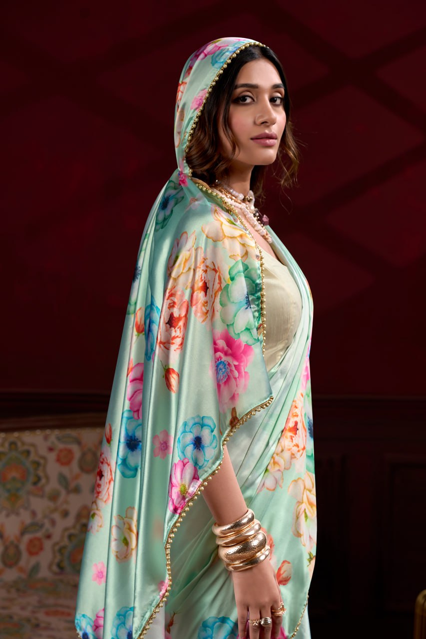 Sea Green Satin Silk Floral Printed Saree with Pearl Lace Border Blouse
