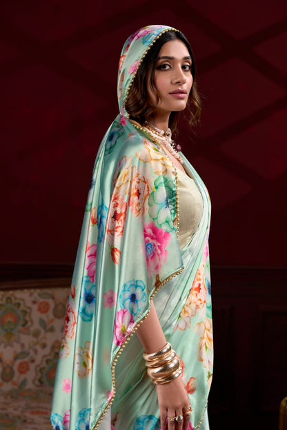 Sea Green Satin Silk Floral Printed Saree with Pearl Lace Border Blouse