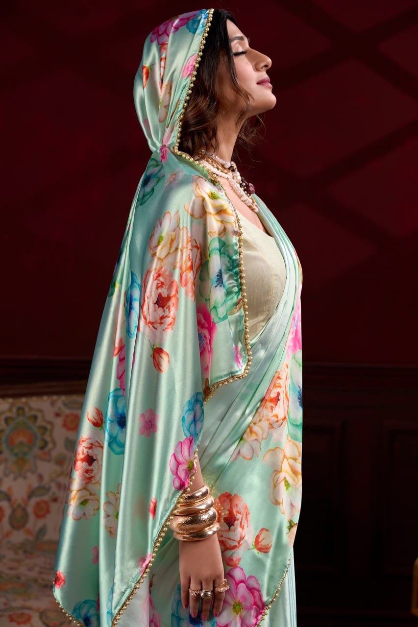 Sea Green Satin Silk Floral Printed Saree with Pearl Lace Border Blouse