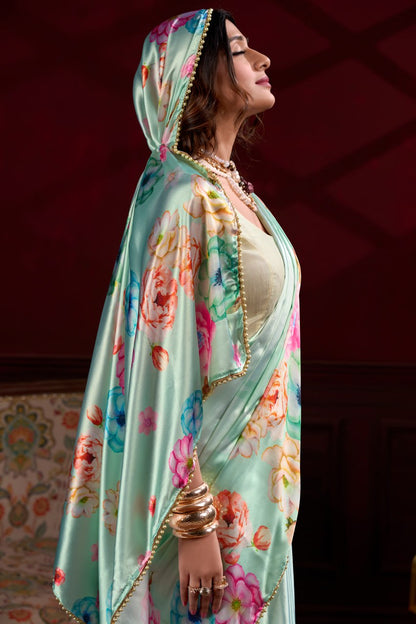 Sea Green Satin Silk Floral Printed Saree with Pearl Lace Border Blouse