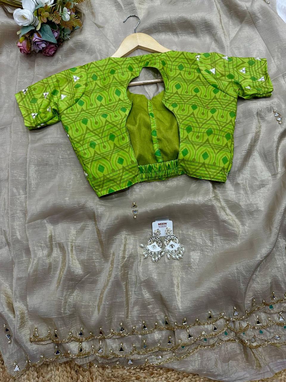 Silver Grey Tissue Crush Saree with Designer Ikkat Blouse