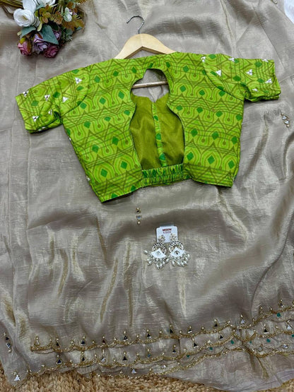 Silver Grey Tissue Crush Saree with Designer Ikkat Blouse