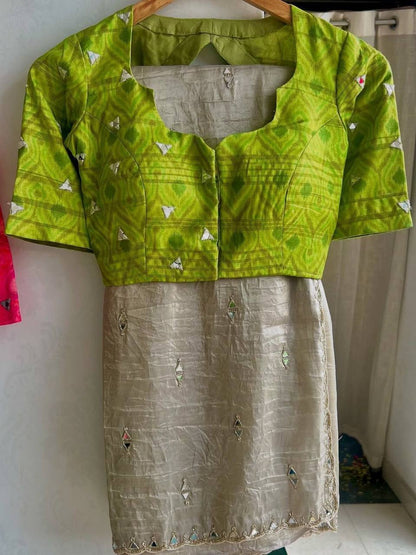 Silver Grey Tissue Crush Saree with Designer Ikkat Blouse