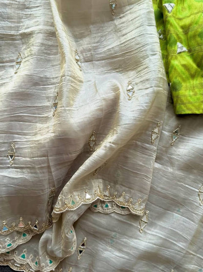 Silver Grey Tissue Crush Saree with Designer Ikkat Blouse