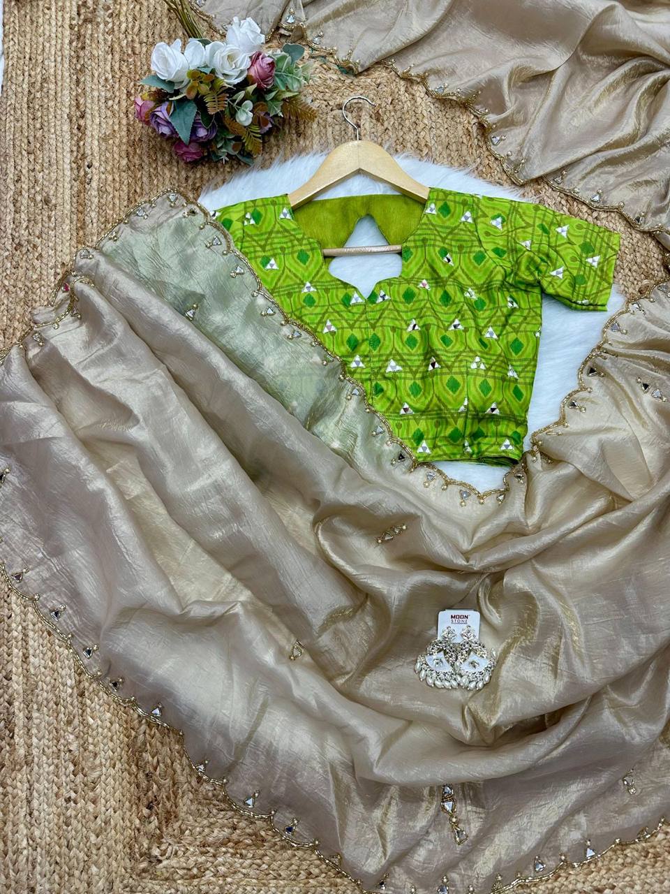 Silver Grey Tissue Crush Saree with Designer Ikkat Blouse