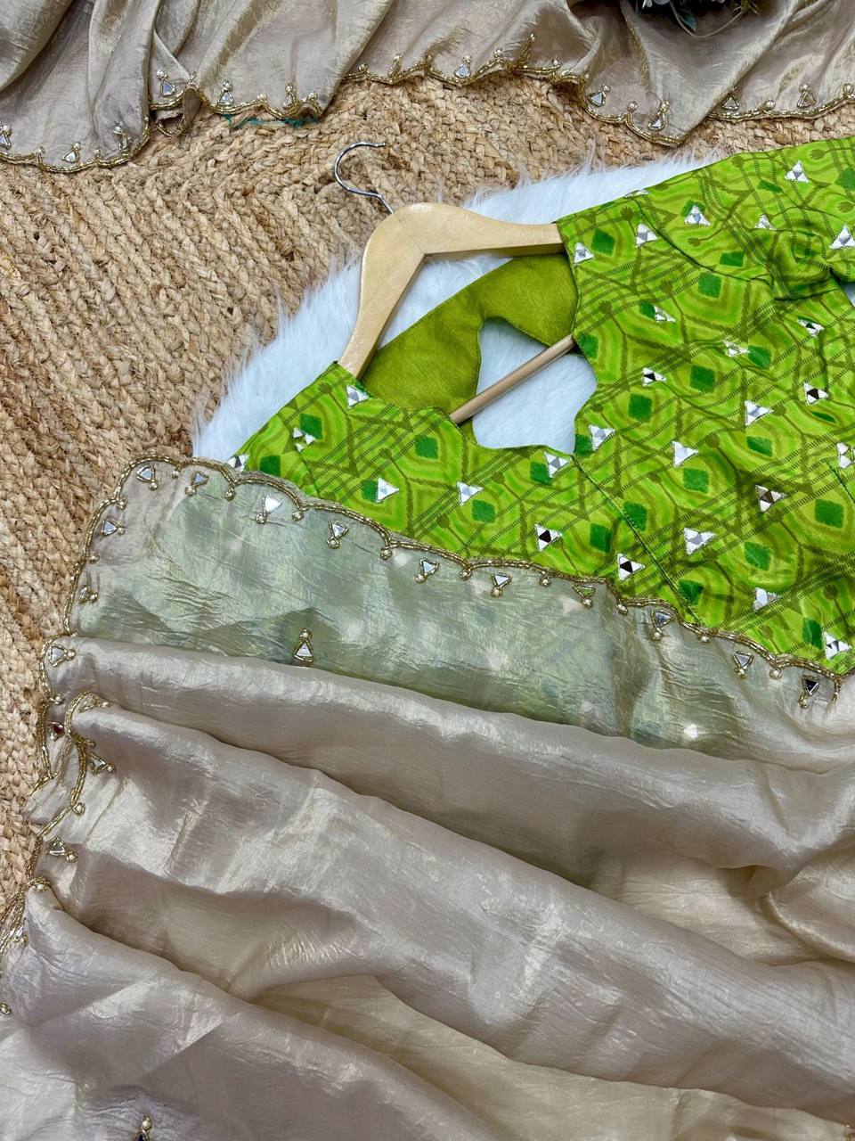 Silver Grey Tissue Crush Saree with Designer Ikkat Blouse