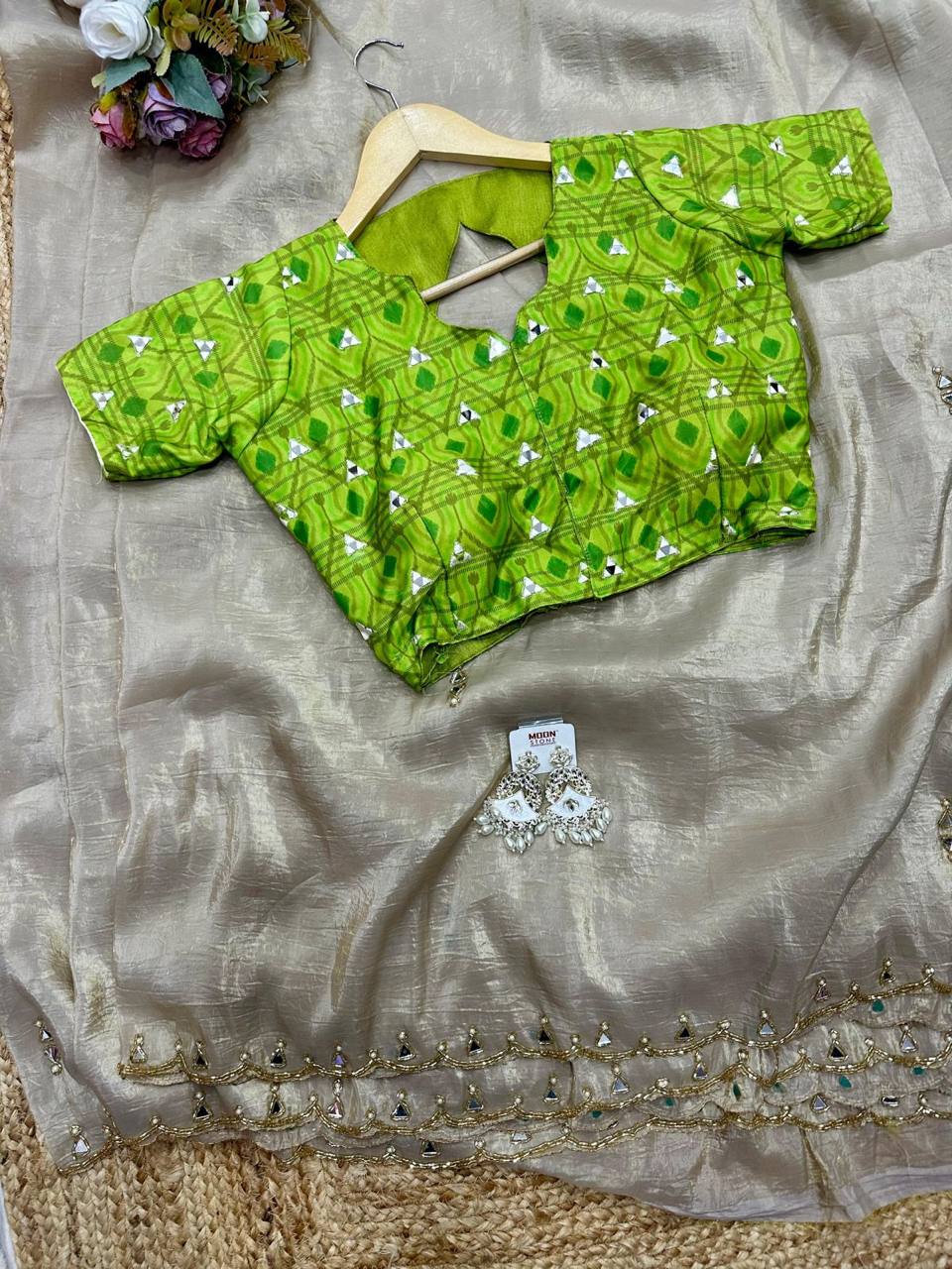 Silver Grey Tissue Crush Saree with Designer Ikkat Blouse