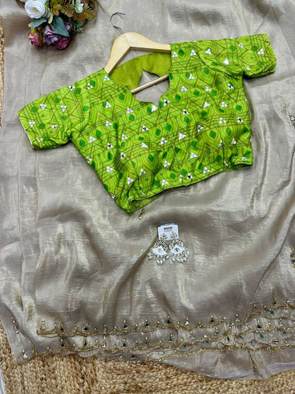 Silver Grey Tissue Crush Saree with Designer Ikkat Blouse