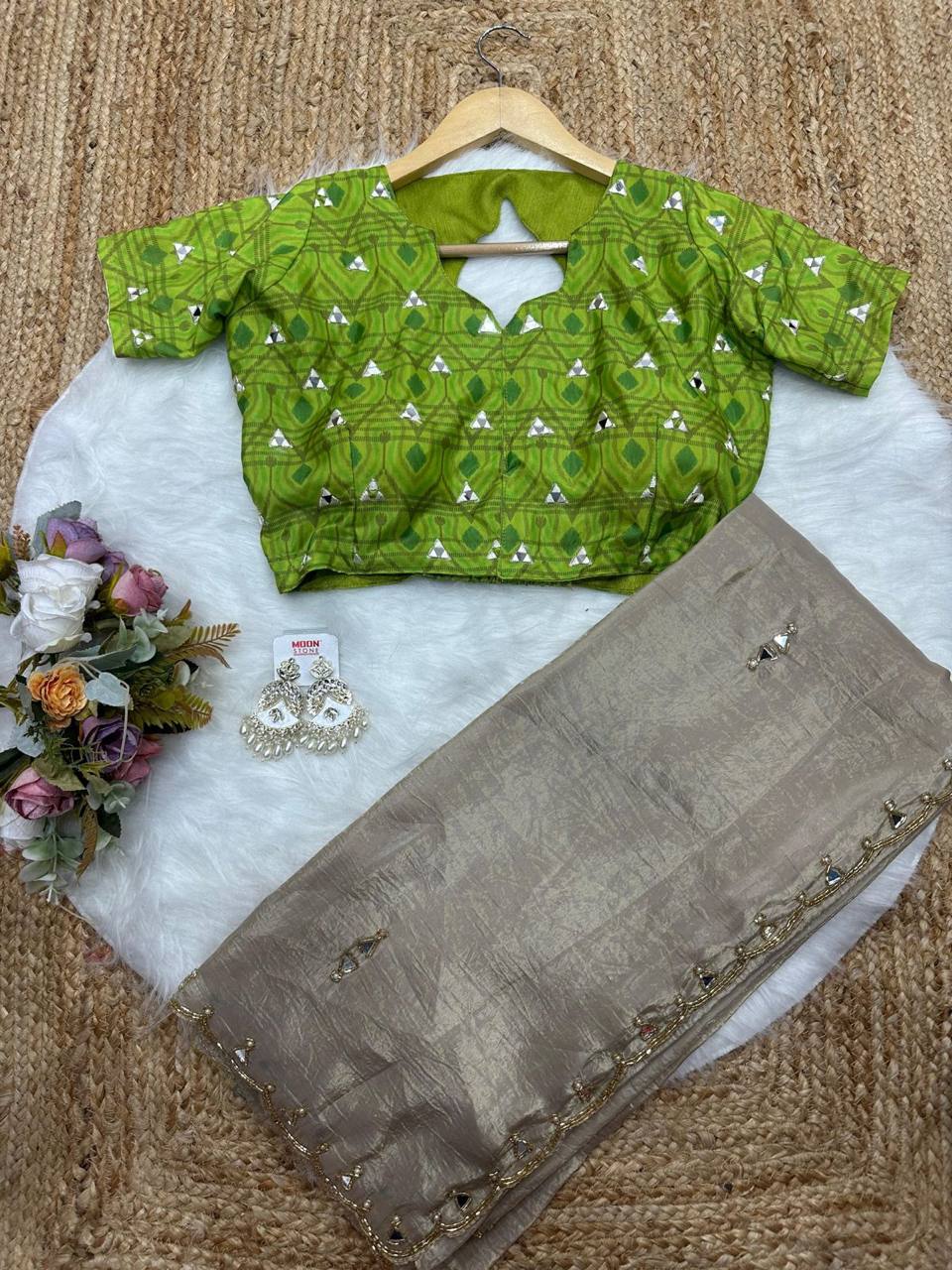 Silver Grey Tissue Crush Saree with Designer Ikkat Blouse