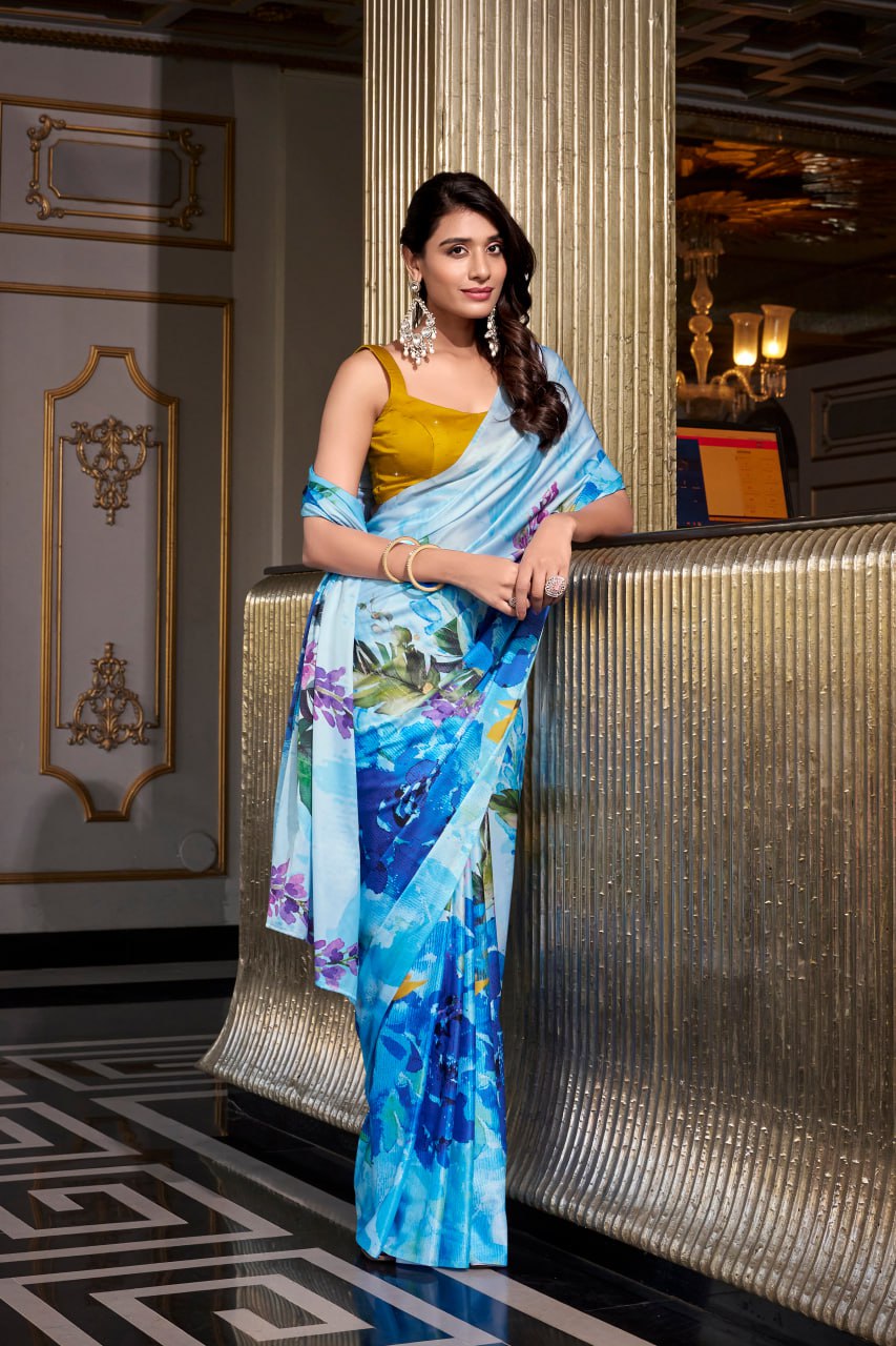 Sky Blue Satin Silk Printed Saree with Moonga Silk Hotfix with Golden Blouse