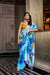 Sky Blue Satin Silk Printed Saree with Moonga Silk Hotfix with Golden Blouse