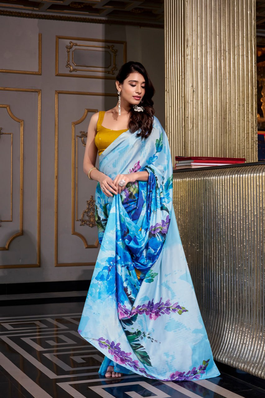 Sky Blue Satin Silk Printed Saree with Moonga Silk Hotfix with Golden Blouse