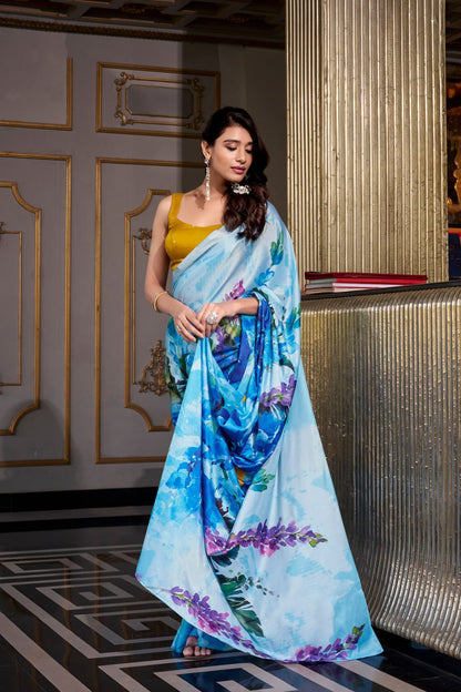 Sky Blue Satin Silk Printed Saree with Moonga Silk Hotfix with Golden Blouse