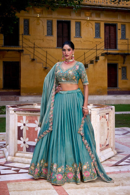 Sky Blue Premium Pastel Zari Shimmer Stitched Lehenga For with Dupatta