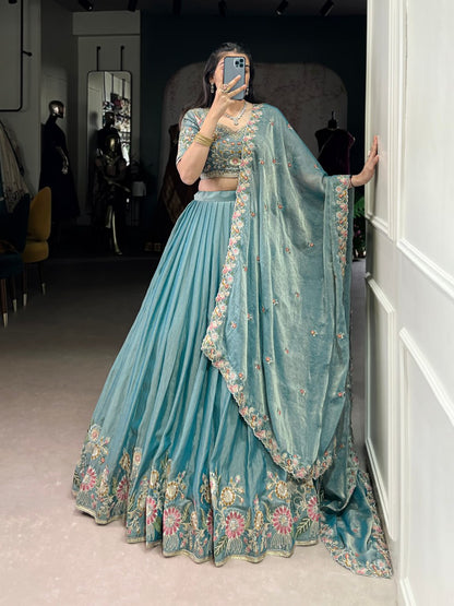 Sky Blue Premium Pastel Zari Shimmer Stitched Lehenga For with Dupatta