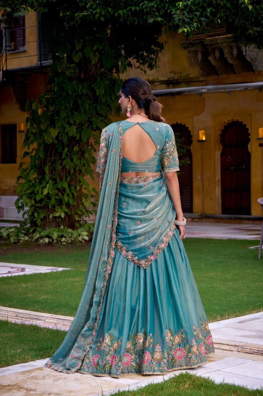 Sky Blue Premium Pastel Zari Shimmer Stitched Lehenga For with Dupatta