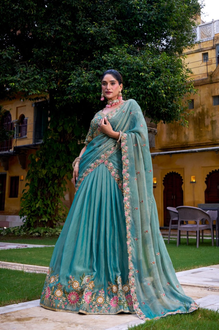 Sky Blue Premium Pastel Zari Shimmer Stitched Lehenga For with Dupatta