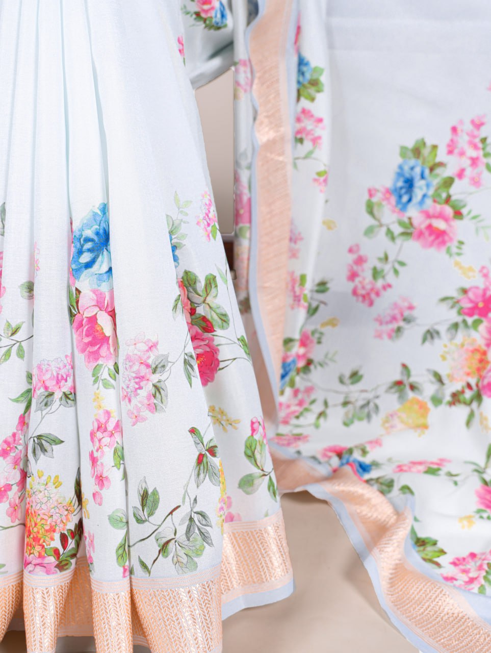 Sky Blue Tussar Silk Printed Saree with Viscose Border Matching Blouse