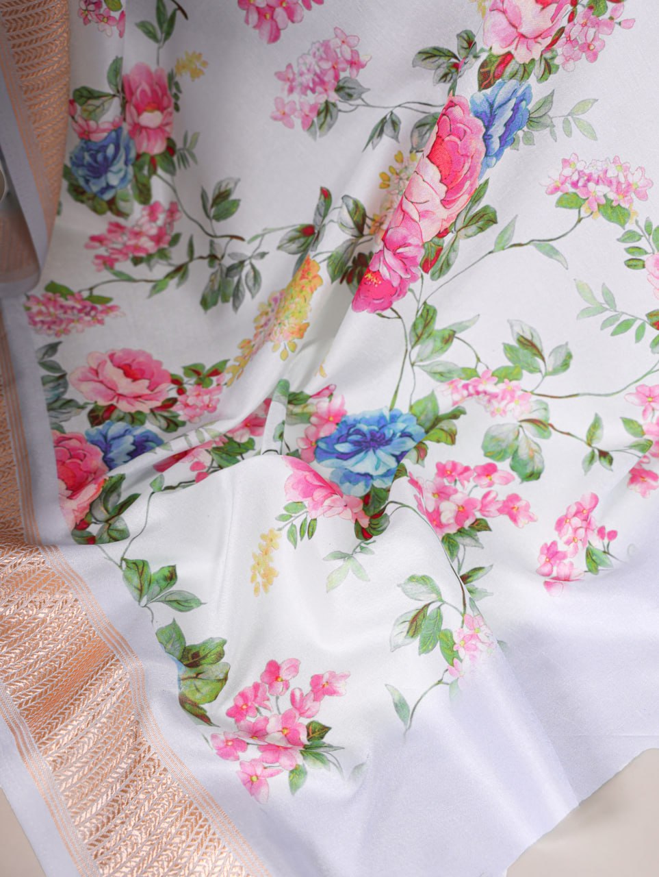 Sky Blue Tussar Silk Printed Saree with Viscose Border Matching Blouse