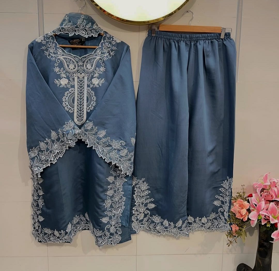 Teal Bule Designer Natural Crepe Sequins Embroidered Palazzo Suit Dupatta