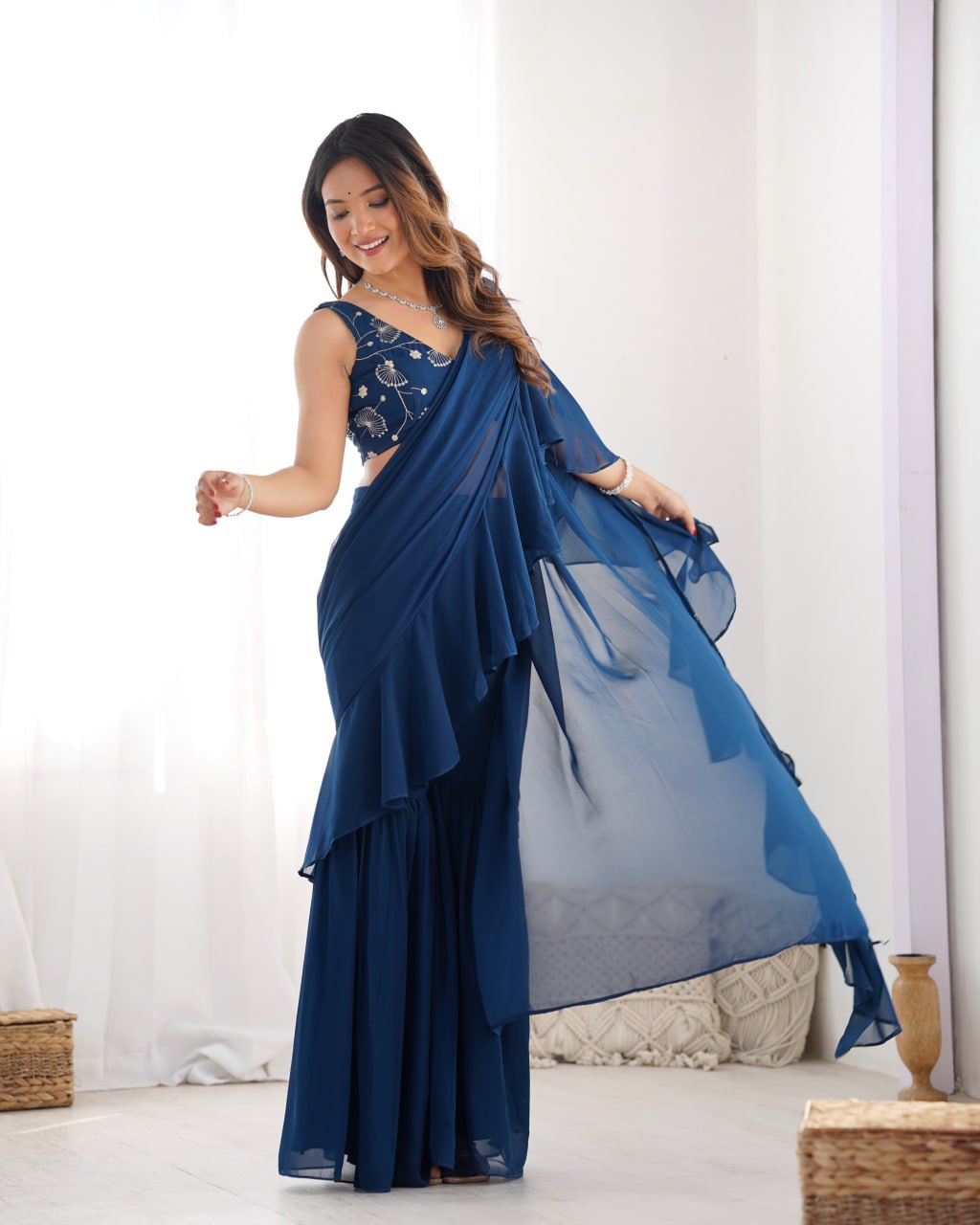 TEAL BLUE Premium Fox Georgette Saree with Festive & Wedding Blouse 