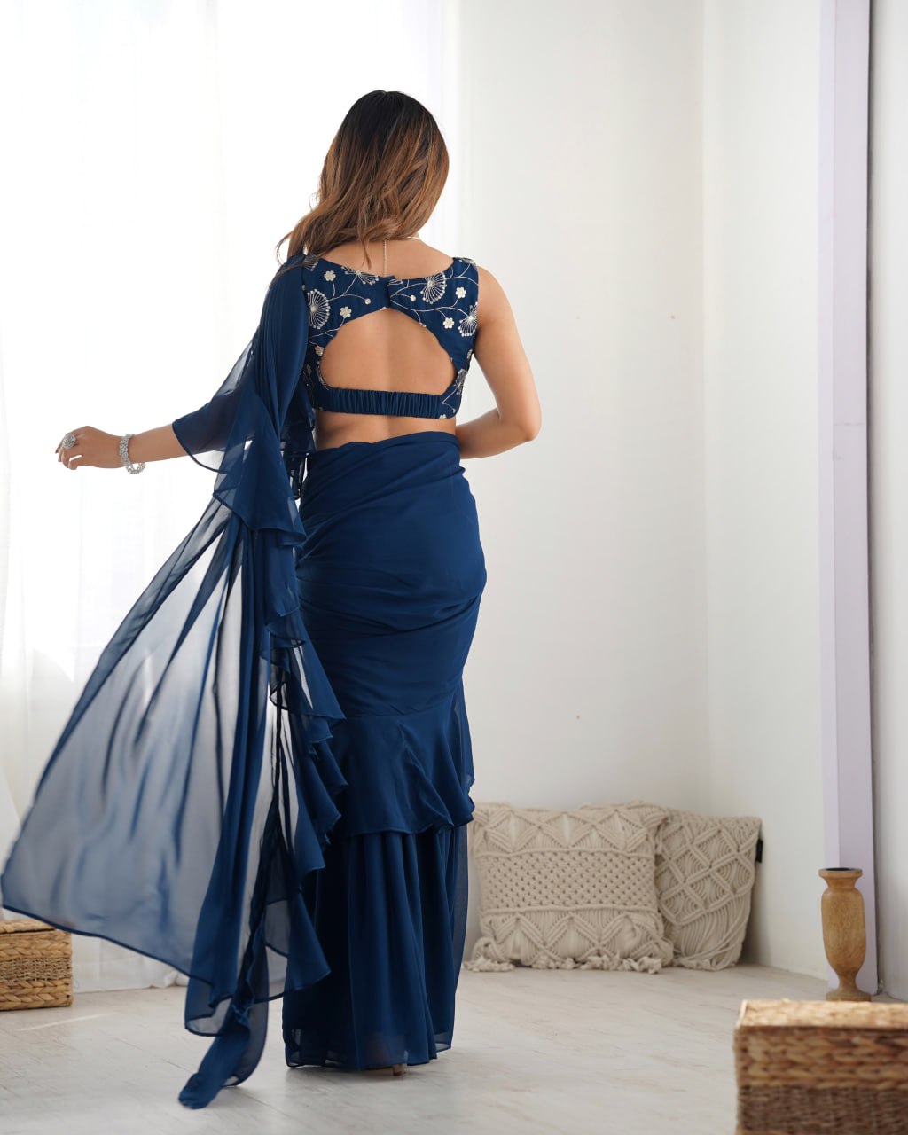 TEAL BLUE Premium Fox Georgette Saree with Festive & Wedding Blouse 