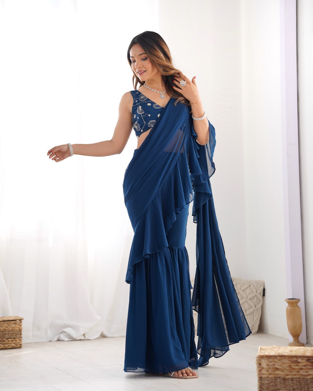 TEAL BLUE Premium Fox Georgette Saree with Festive & Wedding Blouse 