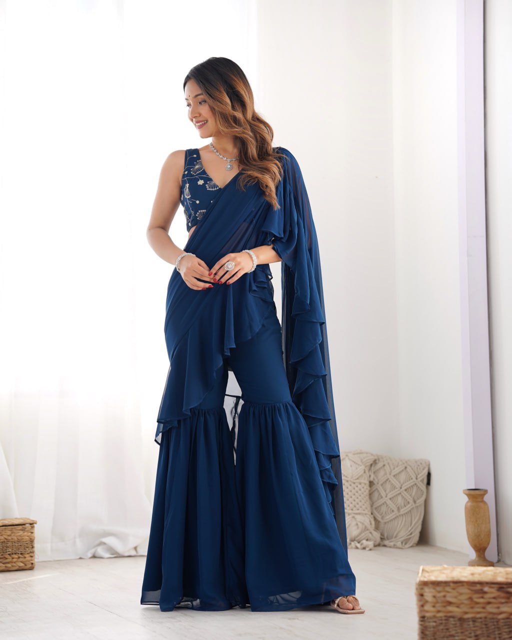 TEAL BLUE Premium Fox Georgette Saree with Festive & Wedding Blouse 