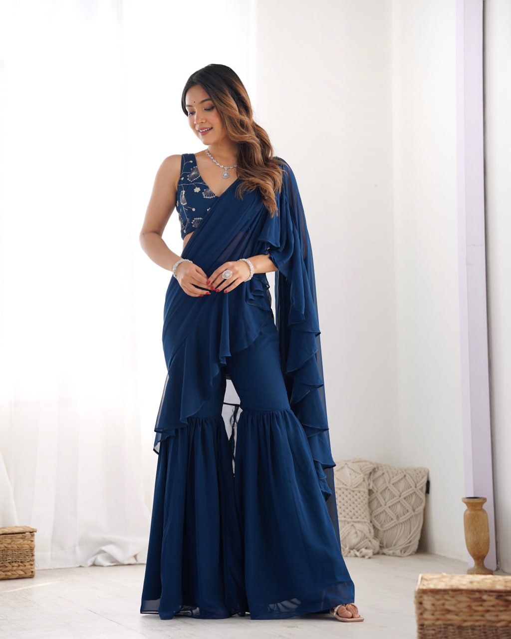 TEAL BLUE Premium Fox Georgette Saree with Festive & Wedding Blouse 