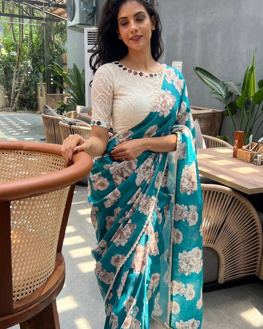 Teal Bule Tebby Silk Digital Printed Saree with Chikankari Lace Border