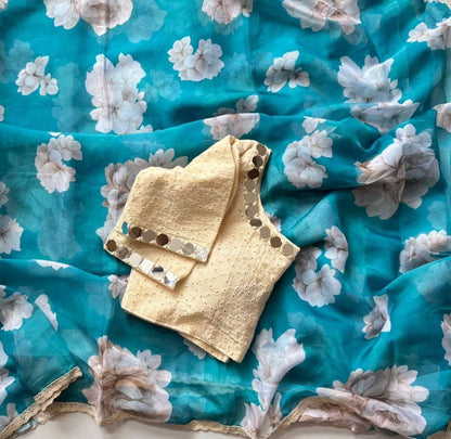Teal Bule Tebby Silk Digital Printed Saree with Chikankari Lace Border