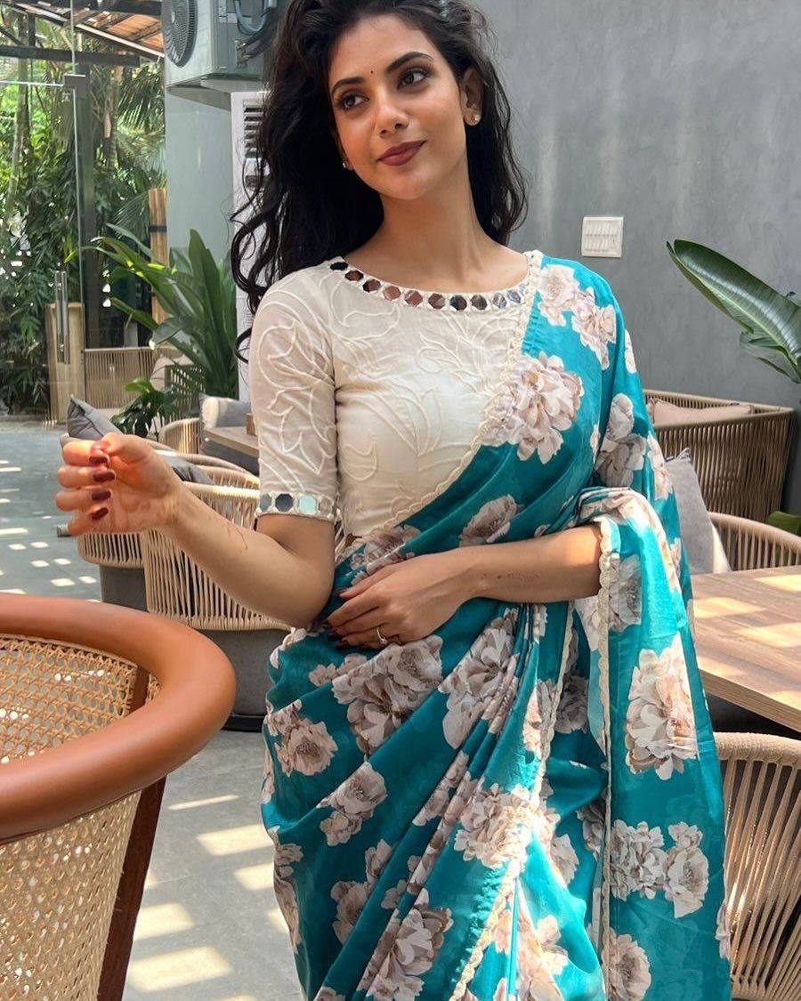 Teal Bule Tebby Silk Digital Printed Saree with Chikankari Lace Border