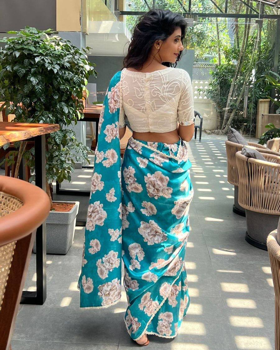 Teal Bule Tebby Silk Digital Printed Saree with Chikankari Lace Border